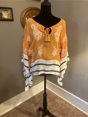 Anthropologie Floreat Orange & White Embroidered Boho Tassel Tunic beach coverup
